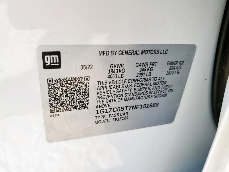 1G1ZC5ST7NF151689 - 2022 CHEVROLET MALIBU LS 白色 照片 12