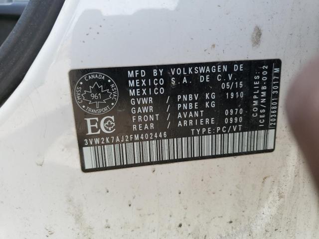 3VW2K7AJ2FM402446 - 2015 VOLKSWAGEN JETTA BASE WHITE photo 12