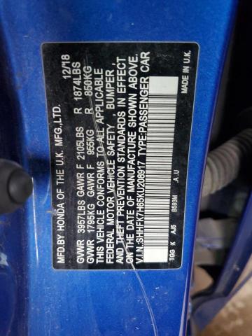 SHHFK7H65KU208917 - 2019 HONDA CIVIC EX Mavi foto 12