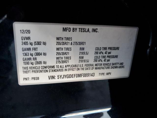 5YJYGDEF0MF089143 - 2021 TESLA MODEL Y BLACK photo 12