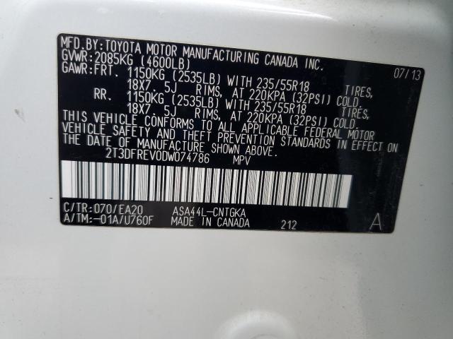 2T3DFREV0DW074786 - 2013 TOYOTA RAV4 LIMITED 白色 照片 13