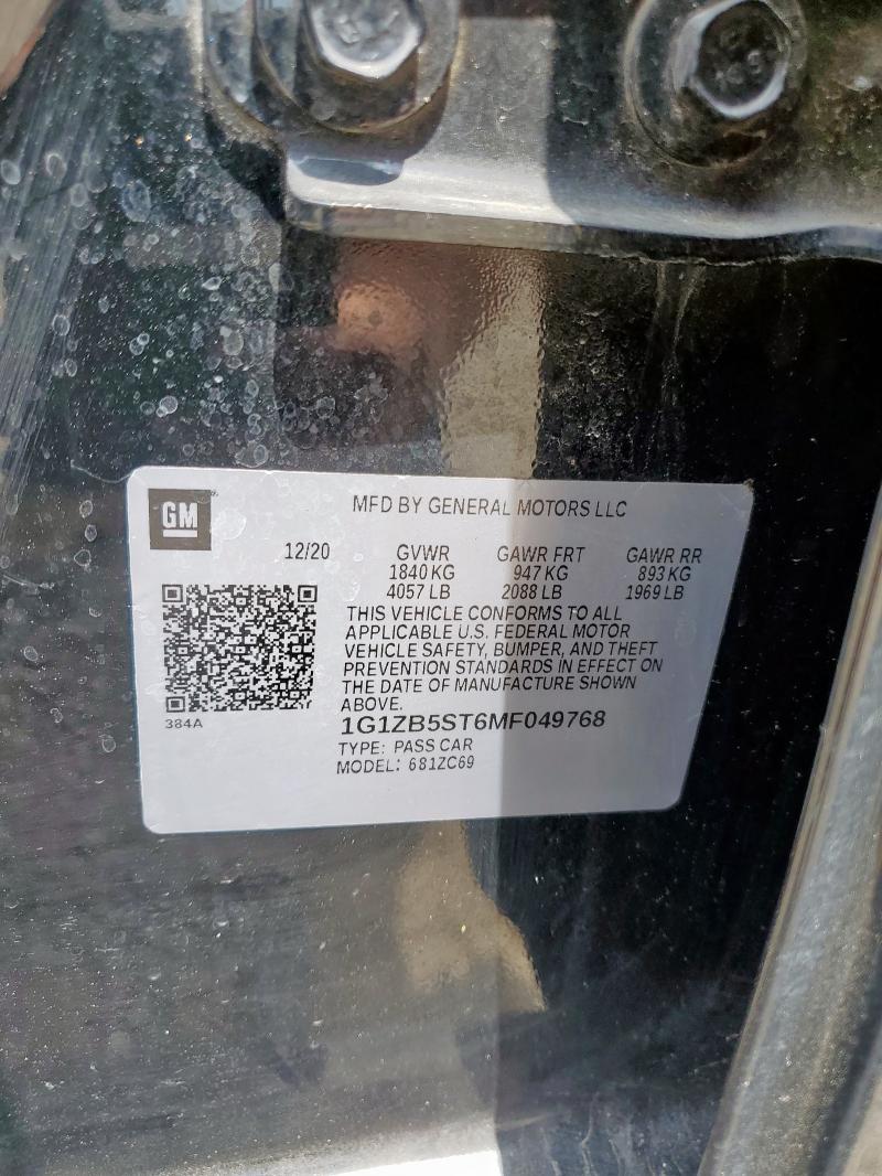 1G1ZB5ST6MF049768 - 2021 CHEVROLET MALIBU LS Սև լուսանկար 12