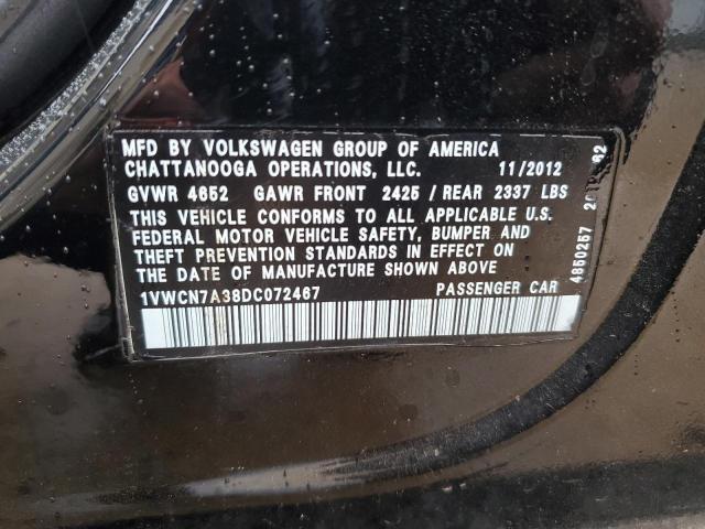 1VWCN7A38DC072467 - 2013 VOLKSWAGEN PASSAT SEL BLACK photo 12