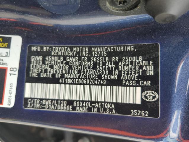 4T1BK1EB0GU204749 - 2016 TOYOTA AVALON XLE Көк фото 12