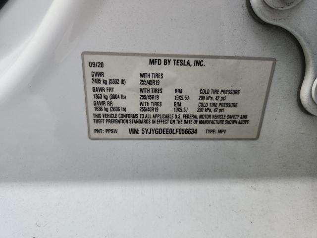 5YJYGDEE0LF056634 - 2020 TESLA MODEL Y Սպիտակ լուսանկար 13