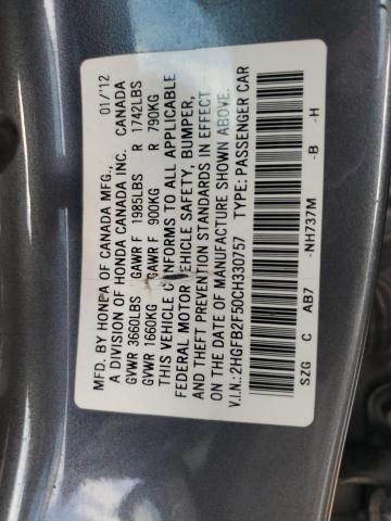 2HGFB2F50CH330757 - 2012 HONDA CIVIC LX GRAY photo 13