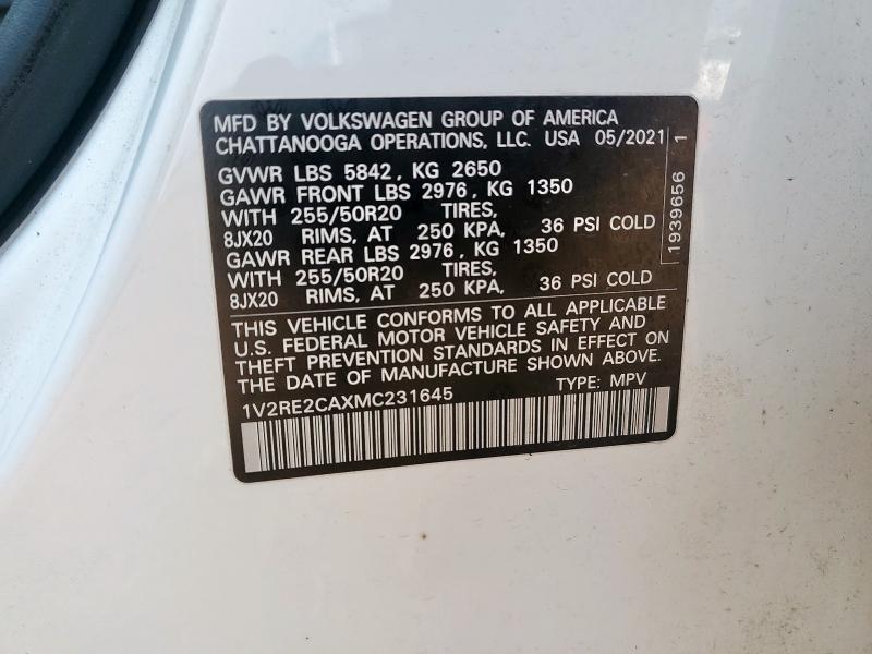 1V2RE2CAXMC231645 - 2021 VOLKSWAGEN ATLAS CROS SE Білий фото 13