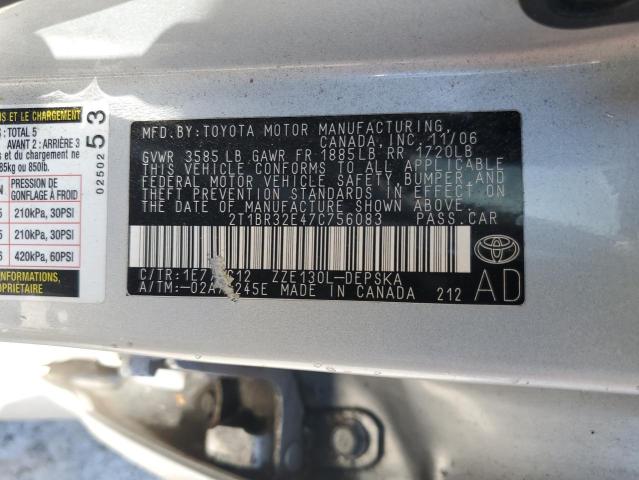 2T1BR32E47C756083 - 2007 TOYOTA COROLLA CE ვერცხლისფერი ფოტო 12