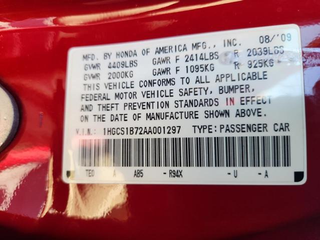 1HGCS1B72AA001297 - 2010 HONDA ACCORD EX წითელი ფოტო 12