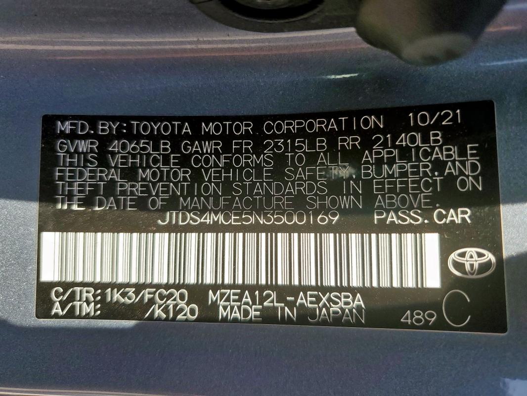 JTDS4MCE5N3500169 - 2022 TOYOTA COROLLA SE BLUE photo 13