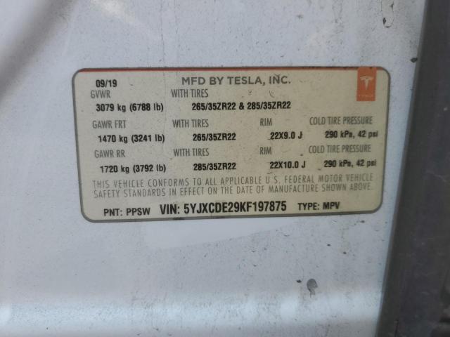 5YJXCDE29KF197875 - 2019 TESLA MODEL X Beyaz fotoğraf 12