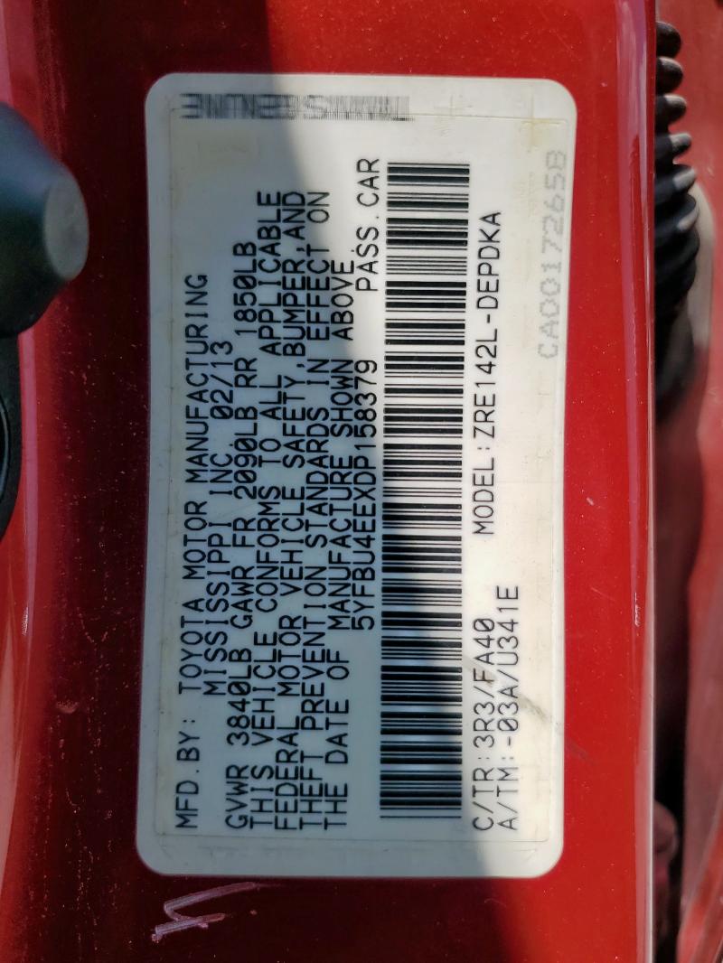 5YFBU4EEXDP158379 - 2013 TOYOTA COROLLA BASE أحمر صورة 12