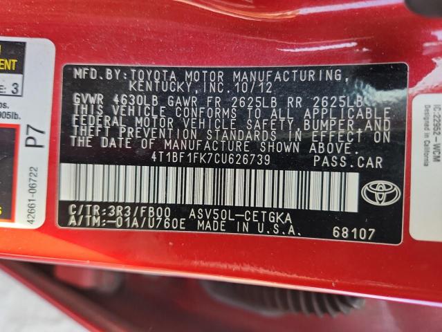 4T1BF1FK7CU626739 - 2012 TOYOTA CAMRY BASE RED photo 12