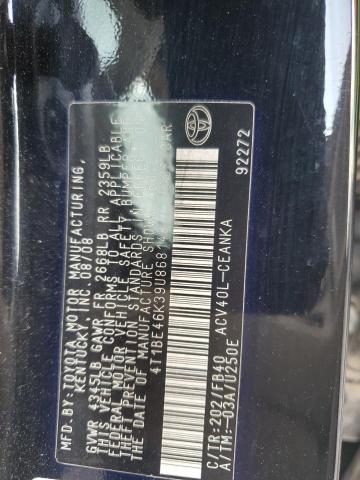 4T1BE46K39U868148 - 2009 TOYOTA CAMRY BASE BLACK photo 12