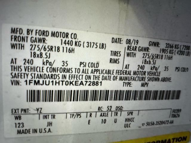 1FMJU1HT0KEA72881 - 2019 FORD EXPEDITION XLT Biały zdjęcie 10