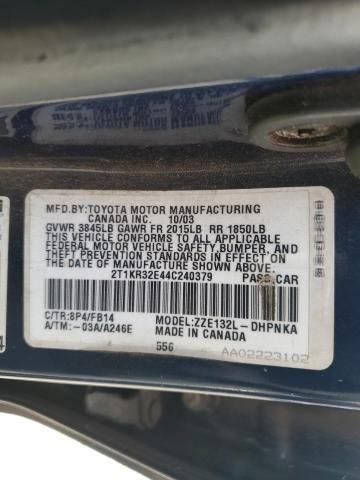 2T1KR32E44C240379 - 2004 TOYOTA COROLLA MA XR BLUE photo 12