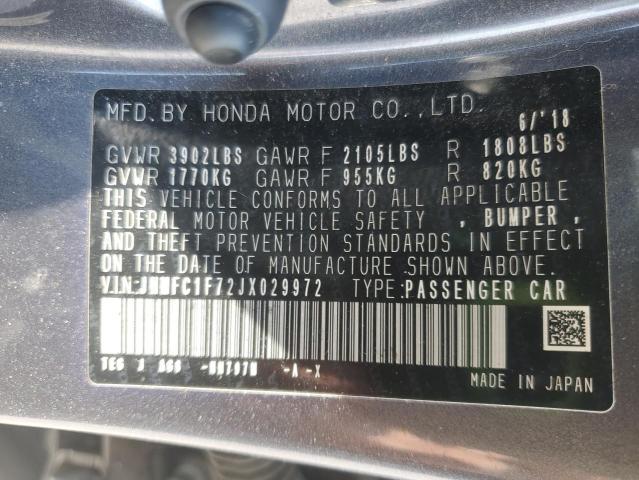 JHMFC1F72JX029972 - 2018 HONDA CIVIC EXL 灰色 照片 12