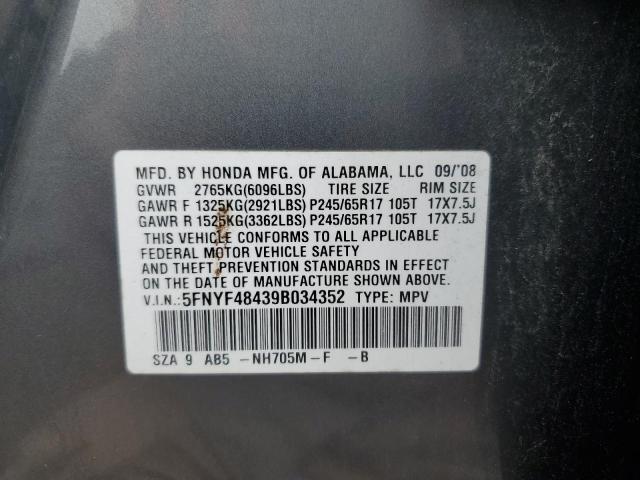 5FNYF48439B034352 - 2009 HONDA PILOT EX Boz foto 13