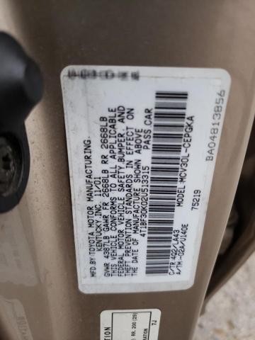 4T1BF30K02U513315 - 2002 TOYOTA CAMRY LE GOLD photo 12