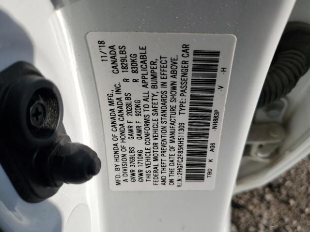 2HGFC2F85KH511309 - 2019 HONDA CIVIC SPORT WHITE photo 12