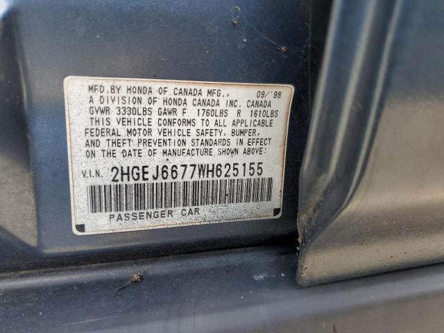 2HGEJ6677WH625155 - 1998 HONDA CIVIC LX TEAL photo 12