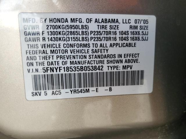 5FNYF18535B053842 - 2005 HONDA PILOT EXL TAN photo 13