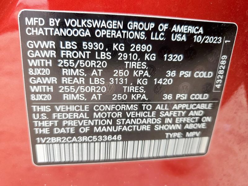 1V2BR2CA3RC533646 - 2024 VOLKSWAGEN ATLAS SEL Czerwony zdjęcie 13