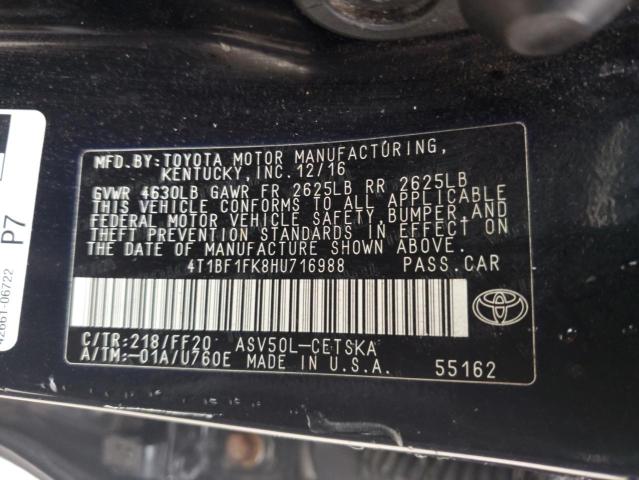 4T1BF1FK8HU716988 - 2017 TOYOTA CAMRY LE შავი ფოტო 12