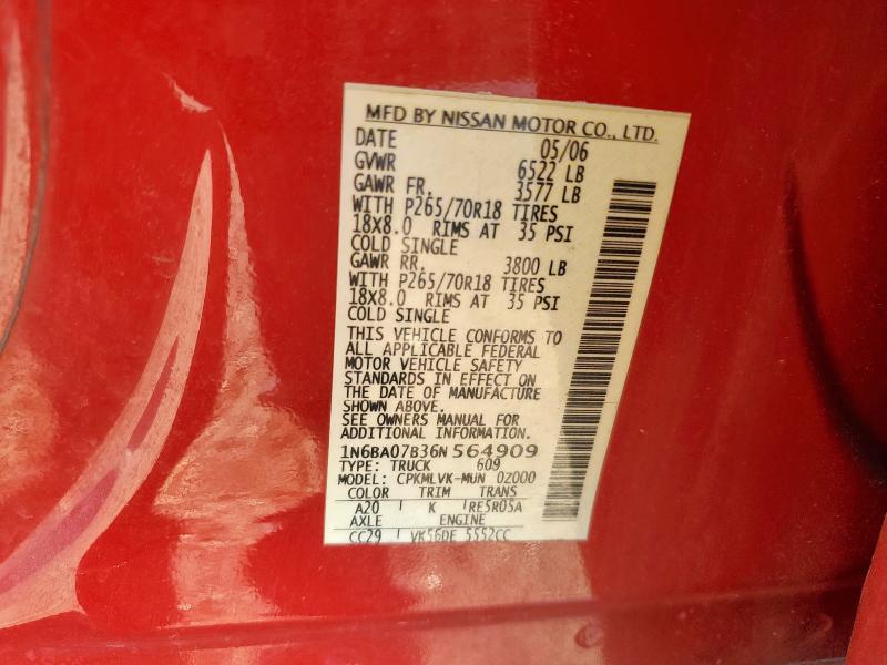 1N6BA07B36N564909 - 2006 NISSAN TITAN XE წითელი ფოტო 12