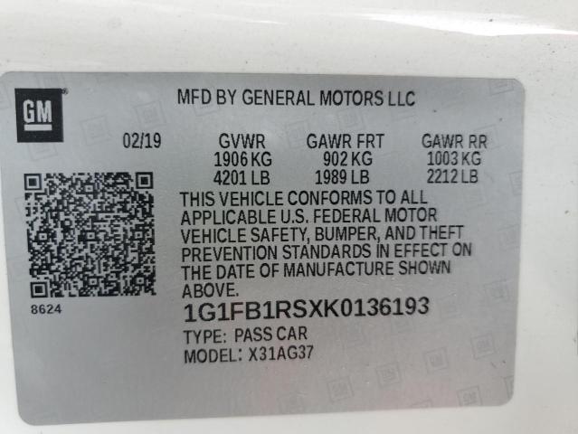 1G1FB1RSXK0136193 - 2019 CHEVROLET CAMARO LS Ақ фото 12