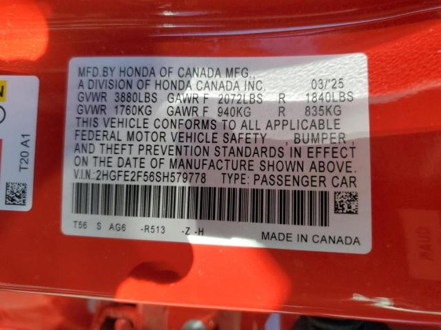 2HGFE2F56SH579778 - 2025 HONDA CIVIC SPORT RED photo 12