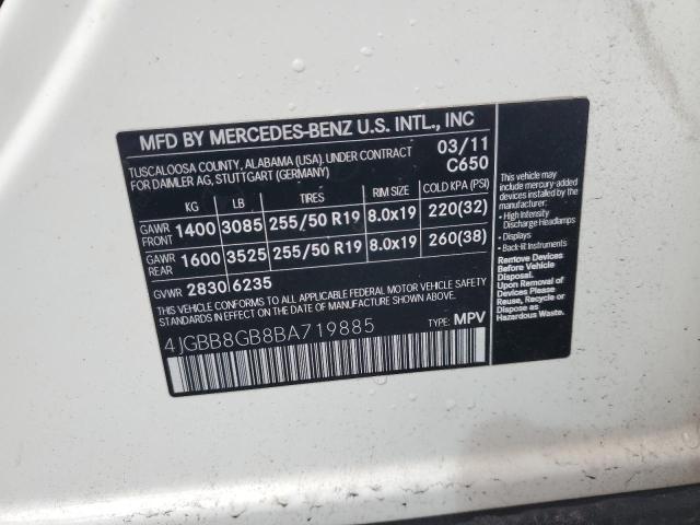 4JGBB8GB8BA719885 - 2011 MERCEDES-BENZ ML 350 4MATIC WHITE photo 13