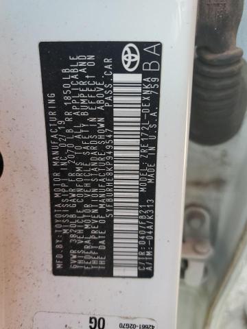 5YFBURHE8KP949547 - 2019 TOYOTA COROLLA L WHITE photo 12