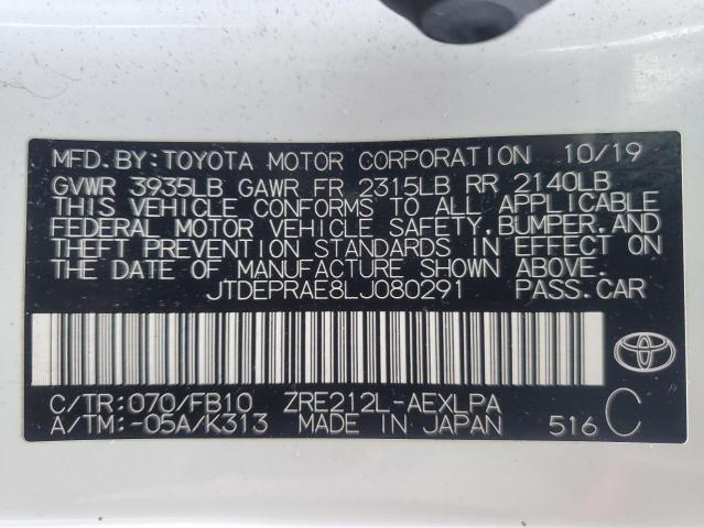 JTDEPRAE8LJ080291 - 2020 TOYOTA COROLLA LE თეთრი ფოტო 12