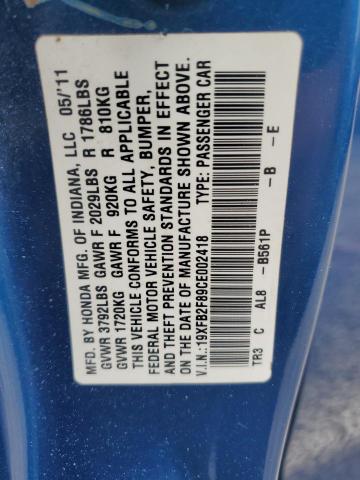 19XFB2F89CE002418 - 2012 HONDA CIVIC EX BLUE photo 12