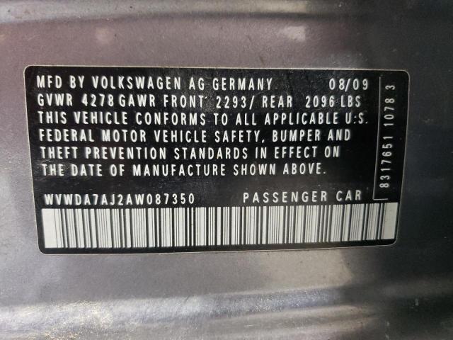 WVWDA7AJ2AW087350 - 2010 VOLKSWAGEN GOLF GRAY photo 12