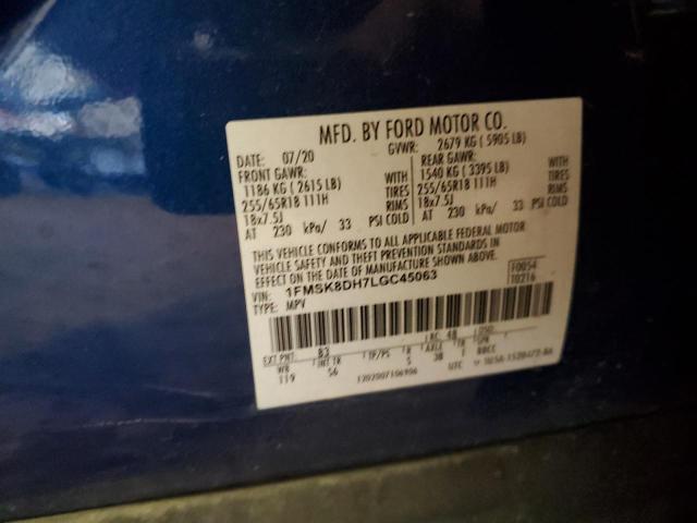 1FMSK8DH7LGC45063 - 2020 FORD EXPLORER XLT BLUE photo 14