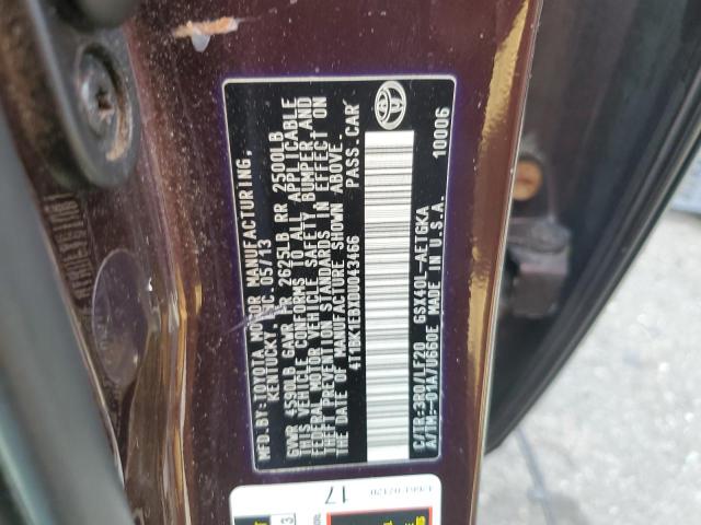 4T1BK1EBXDU043466 - 2013 TOYOTA AVALON BASE 栗色 照片 12