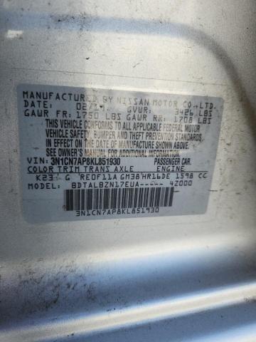 3N1CN7AP8KL851930 - 2019 NISSAN VERSA S 银色 照片 13