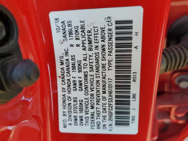 2HGFC2F53JH610117 - 2018 HONDA CIVIC LX Czerwony zdjęcie 12