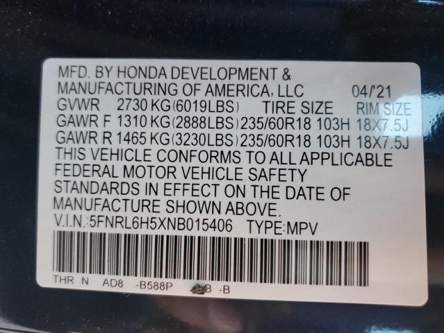 5FNRL6H5XNB015406 - 2022 HONDA ODYSSEY EX BLUE photo 13