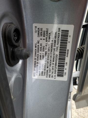 2HGFC2F89KH522202 - 2019 HONDA CIVIC SPORT Сріблястий фото 12