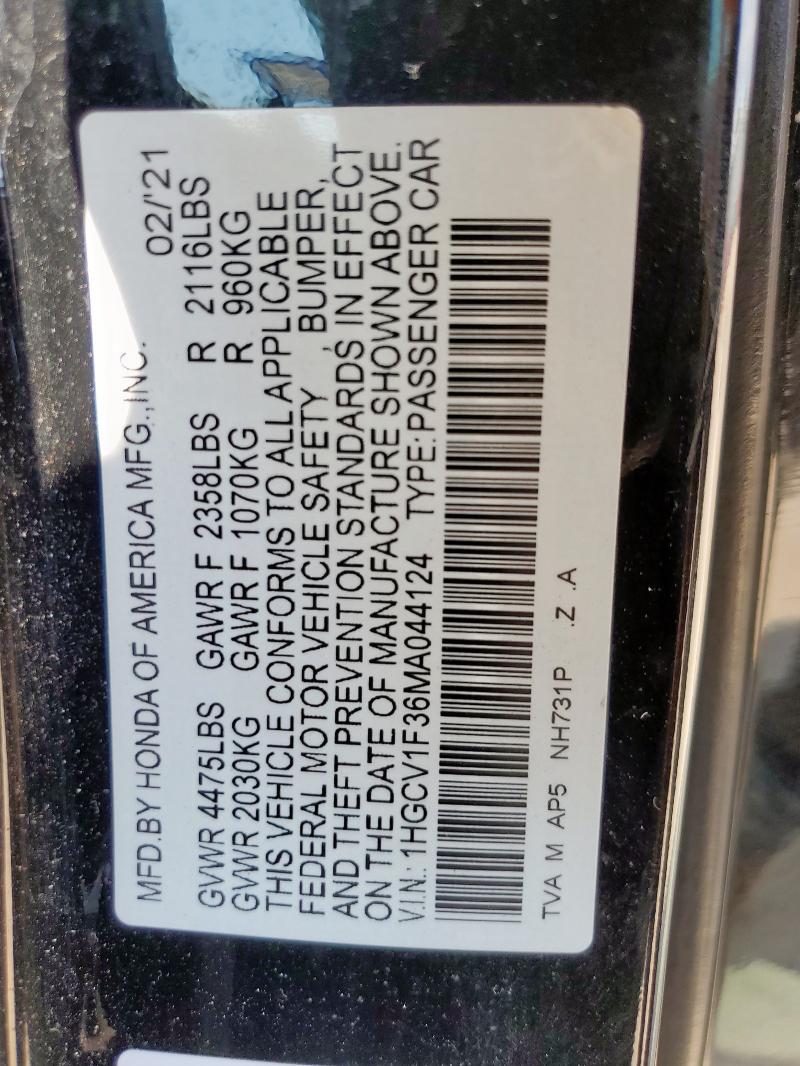 1HGCV1F36MA044124 - 2021 HONDA ACCORD SPORT 黑色 照片 12