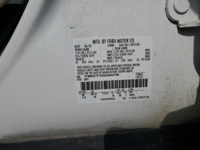 1FMSK7FH8NGB44799 - 2022 FORD EXPLORER LIMITED WHITE photo 13