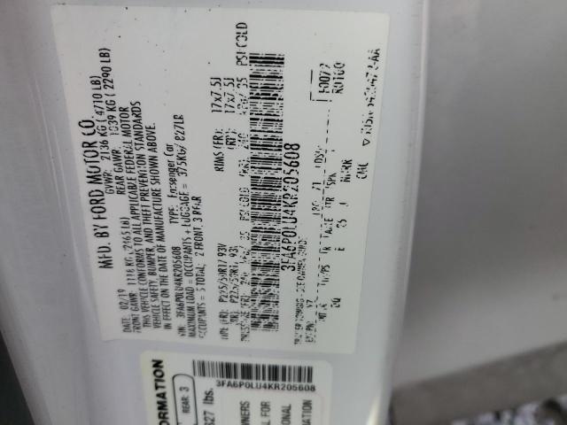 3FA6P0LU4KR205608 - 2019 FORD FUSION SE 白色 照片 12