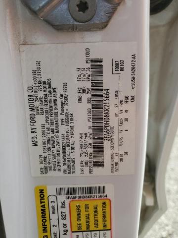 3FA6P0HD8KR215664 - 2019 FORD FUSION SE WHITE photo 13