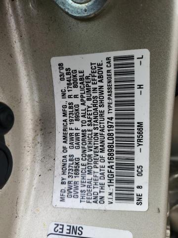 1HGFA16898L081974 - 2008 HONDA CIVIC EX TAN photo 12
