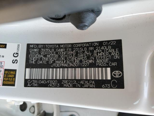 JTDEPMAE3N3011227 - 2022 TOYOTA COROLLA LE თეთრი ფოტო 12
