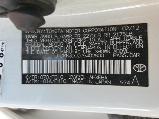 JTDKN3DU2C5402800 - 2012 TOYOTA PRIUS WHITE photo 12