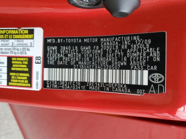 2T1BU4EEXAC320507 - 2010 TOYOTA COROLLA BASE Կարմիր լուսանկար 13